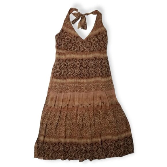 Earthy Brown Patterned Halter Dress Midi Length Smocked Nature Witch Fairy Core - Picture 4 of 9